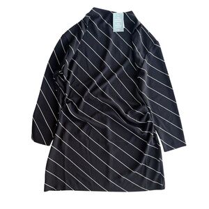 H&M Womens L Black White Striped Long Sleeve Drape Pleated Waist Woven Dress NEW